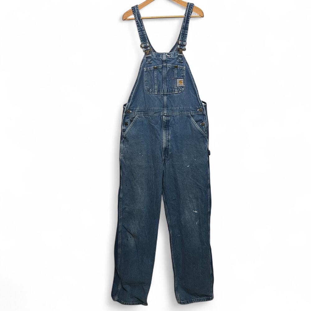 Carhartt Denim Overalls Washed Distressed Mens Sz 38x36 Darkstone Series R07-DST